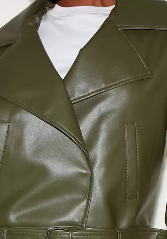 Faux Leather Belted Relaxed Fit Biker Jacket