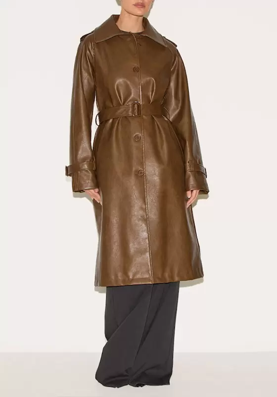 Mid Length Faux Leather Trench Coat