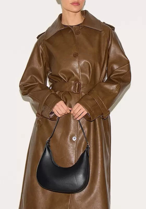 Mid Length Faux Leather Trench Coat