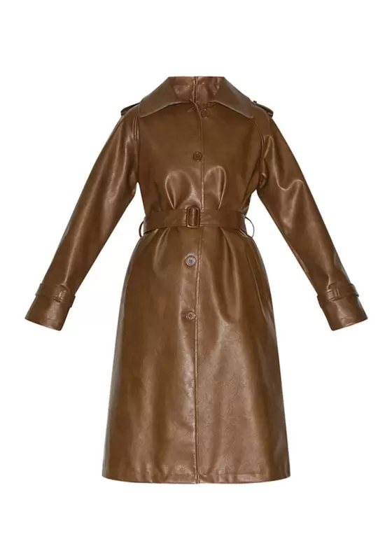 Mid Length Faux Leather Trench Coat