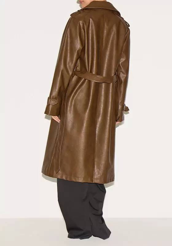 Mid Length Faux Leather Trench Coat