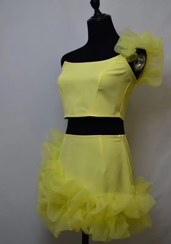 One Shoulder Tulle Ruffle Mini Skirt Set