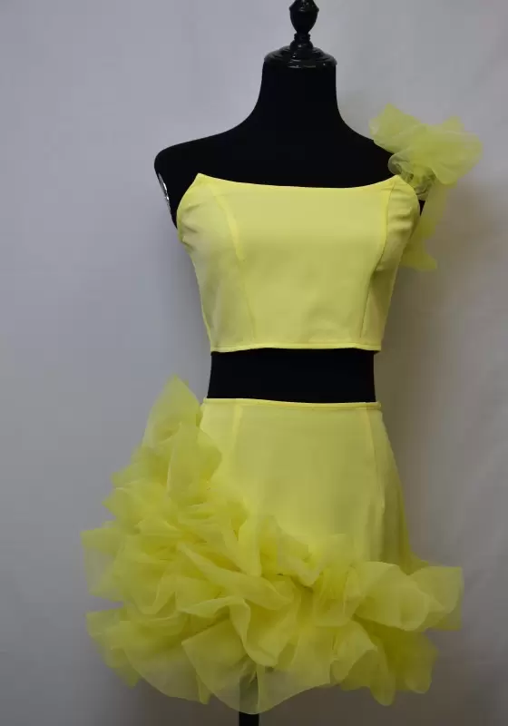 One Shoulder Tulle Ruffle Mini Skirt Set