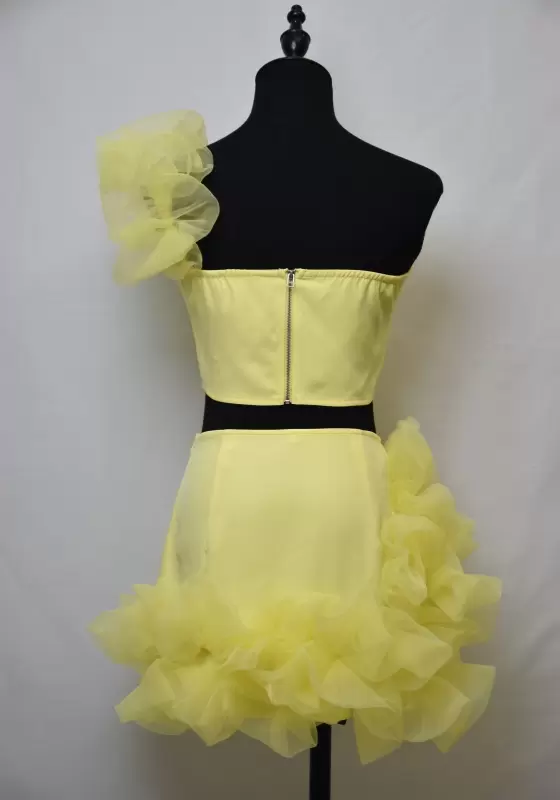 One Shoulder Tulle Ruffle Mini Skirt Set