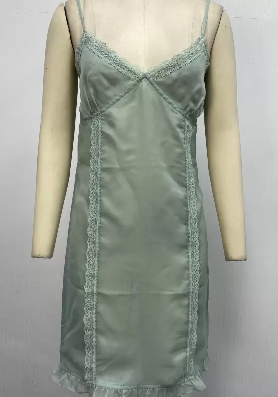 Lace Trimmed Satin Ruffled Hem Sleepwear