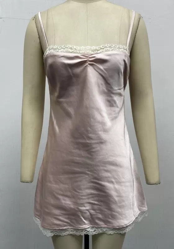 Spaghetti Strap Lace Trim Satin Sleepwear