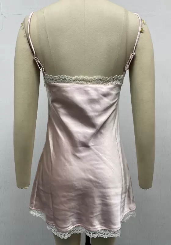 Spaghetti Strap Lace Trim Satin Sleepwear