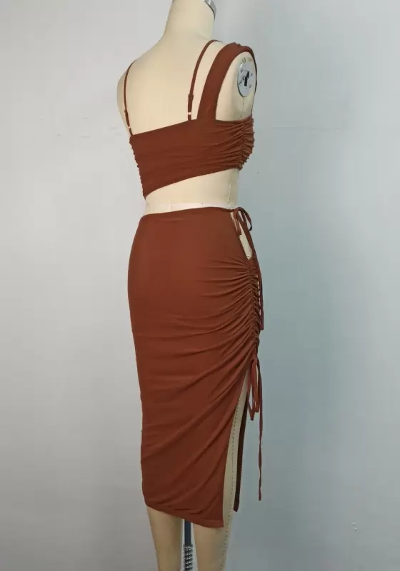 Asymmetric Neck Tie Hollow Ruched Skirt Set
