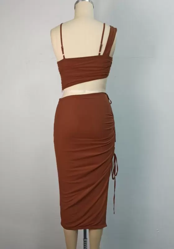 Asymmetric Neck Tie Hollow Ruched Skirt Set