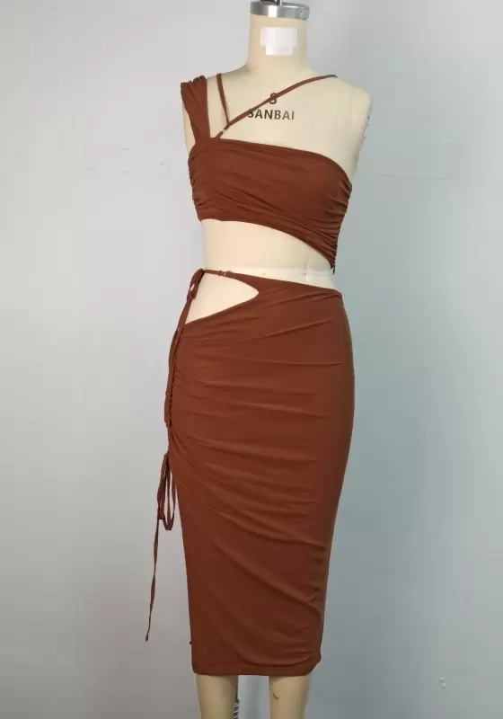 Asymmetric Neck Tie Hollow Ruched Skirt Set