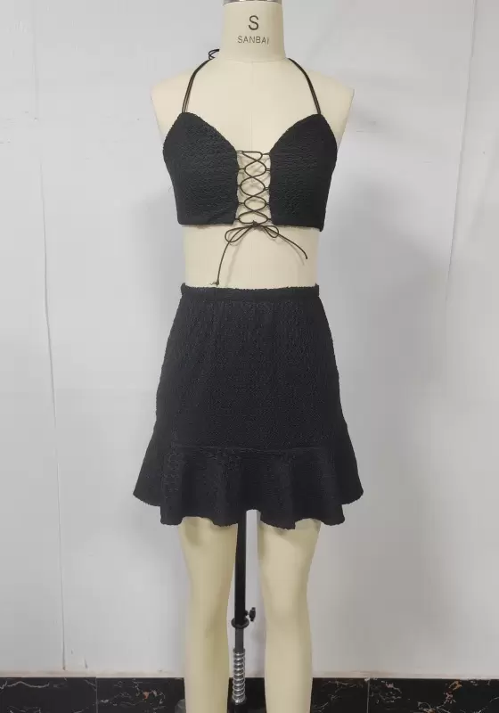 Cross Bandage Textured Halter Skirt Set