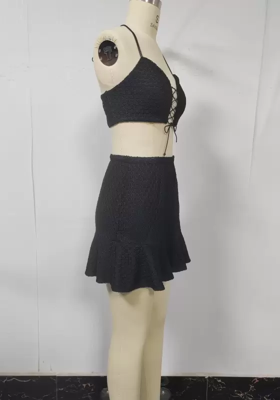 Cross Bandage Textured Halter Skirt Set
