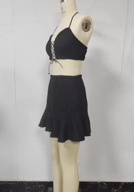 Cross Bandage Textured Halter Skirt Set