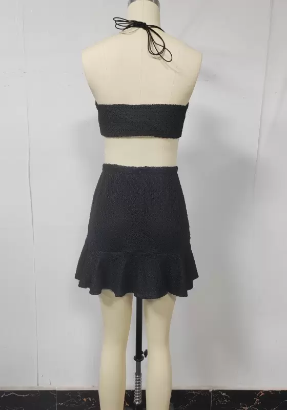 Cross Bandage Textured Halter Skirt Set