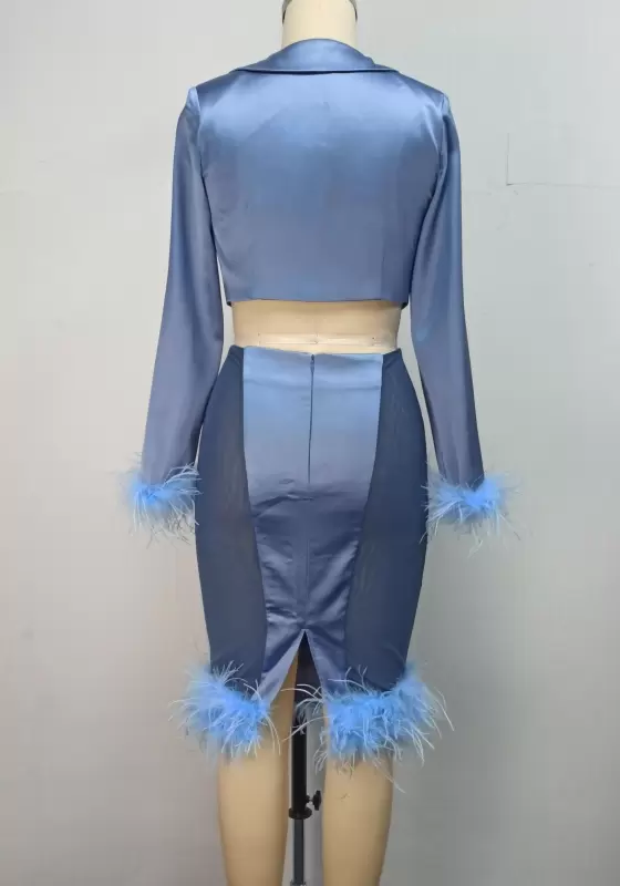 Feather Trimmed Lace Up Front Skirt Set