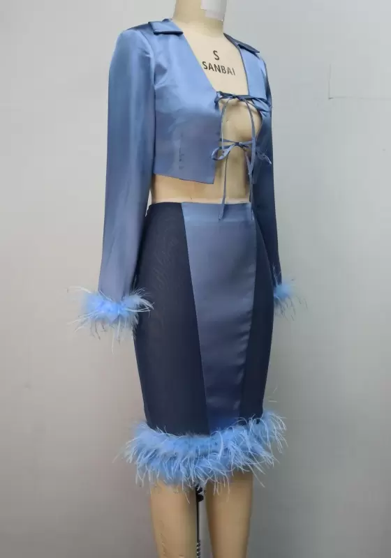 Feather Trimmed Lace Up Front Skirt Set