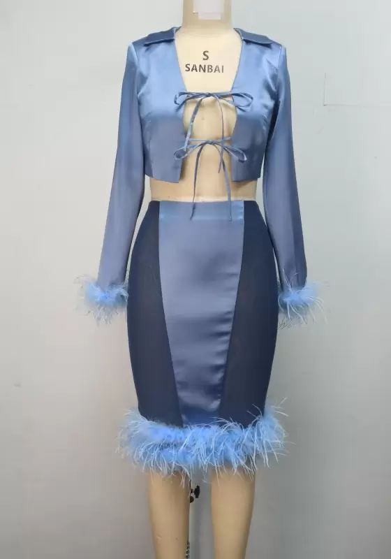Feather Trimmed Lace Up Front Skirt Set