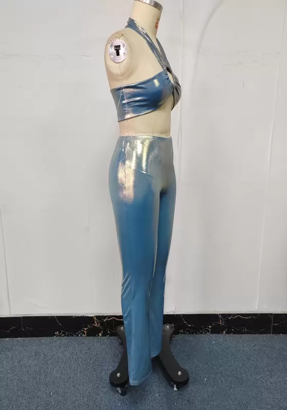 Metallic Halter Ring Hollow Pants Set