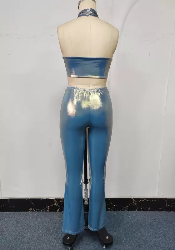 Metallic Halter Ring Hollow Pants Set