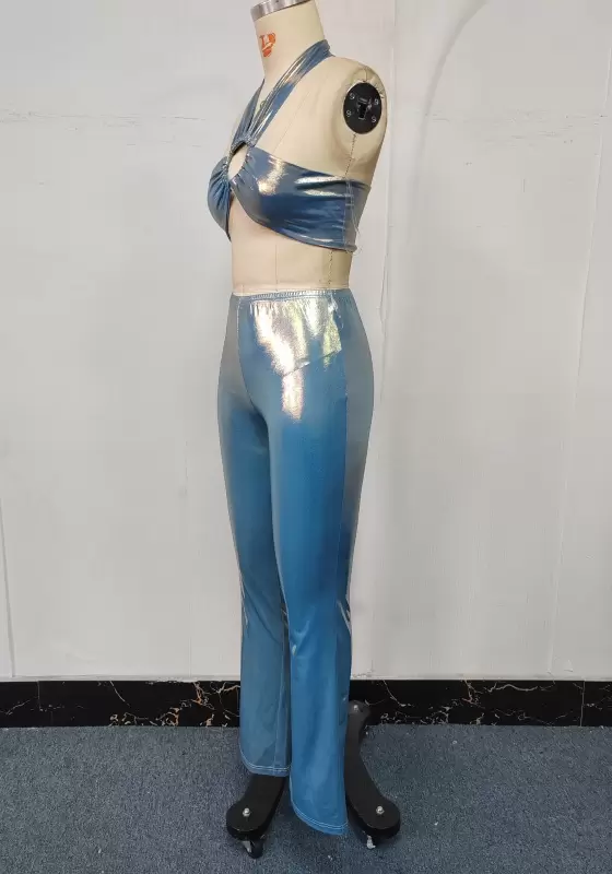 Metallic Halter Ring Hollow Pants Set