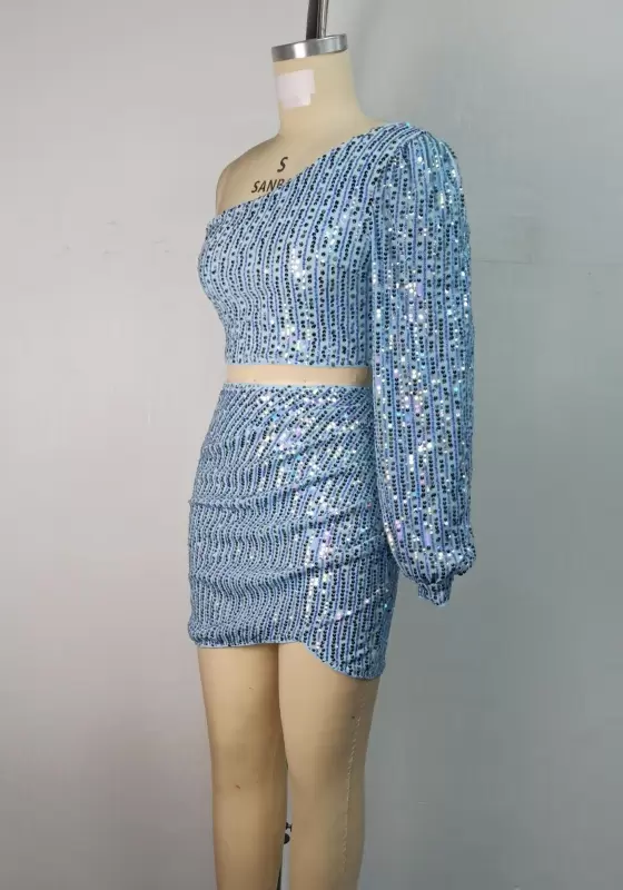 Sequin One Shoulder Long Sleeve Skirt Set