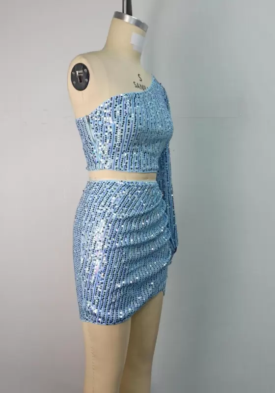 Sequin One Shoulder Long Sleeve Skirt Set