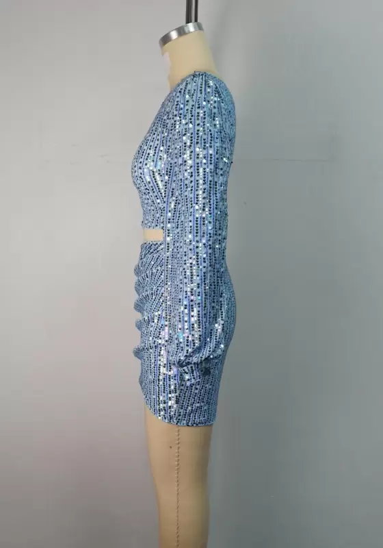 Sequin One Shoulder Long Sleeve Skirt Set