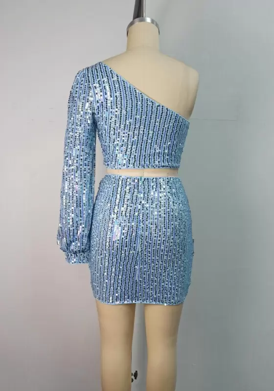 Sequin One Shoulder Long Sleeve Skirt Set