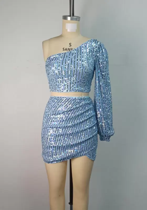 Sequin One Shoulder Long Sleeve Skirt Set