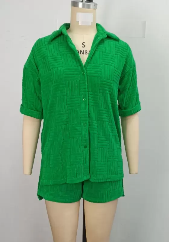 Textured Button Up Top And Shorts Set