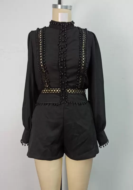Beaded Lace Detail Cutout Romper
