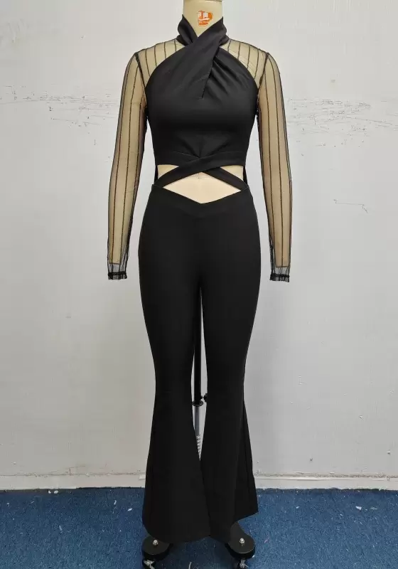 Cross halter Cutout Sheer Sleeveless Flared Jumpsuit