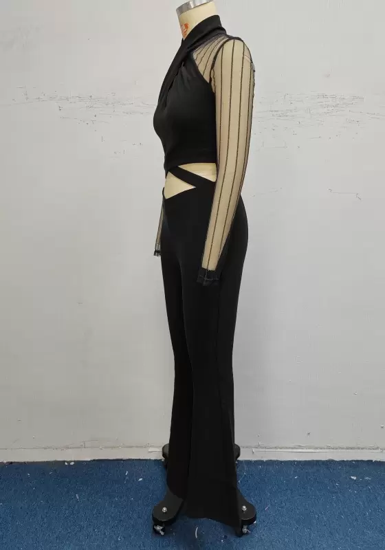 Cross halter Cutout Sheer Sleeveless Flared Jumpsuit