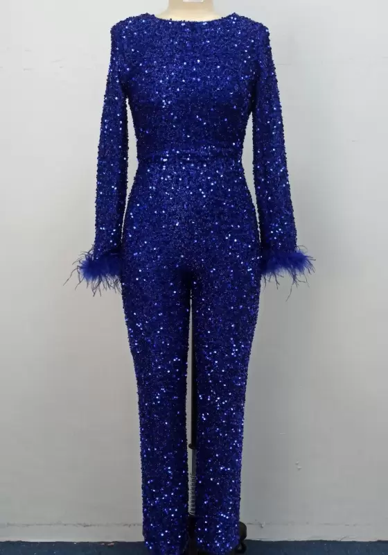 Feather Cuffs Sequin Jumpsuit