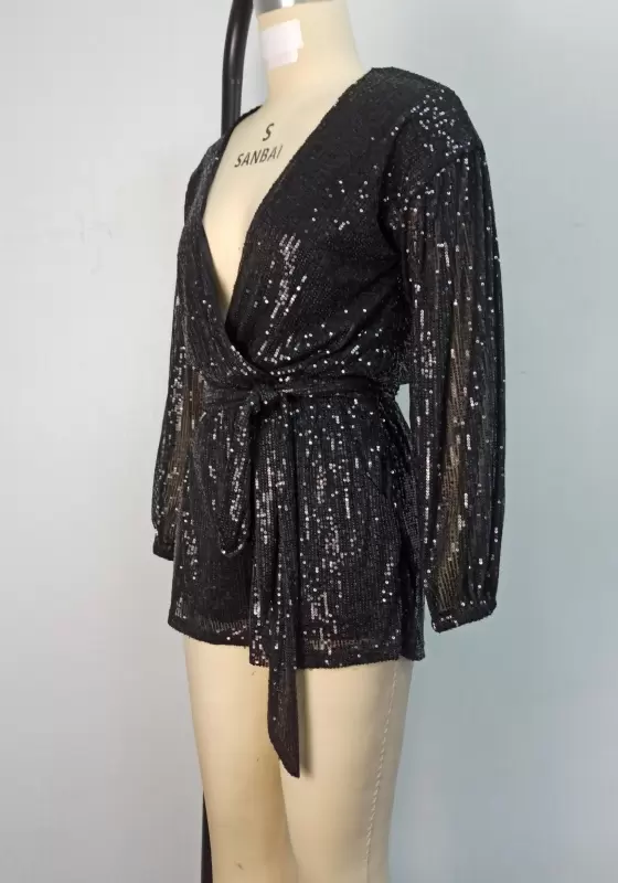Sequined Sheer Sleeveless Lace Up Romper