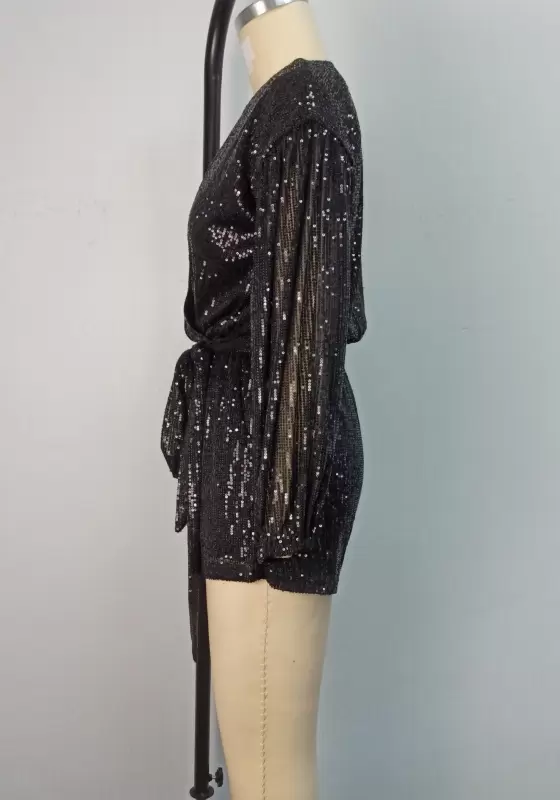Sequined Sheer Sleeveless Lace Up Romper