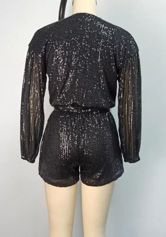 Sequined Sheer Sleeveless Lace Up Romper
