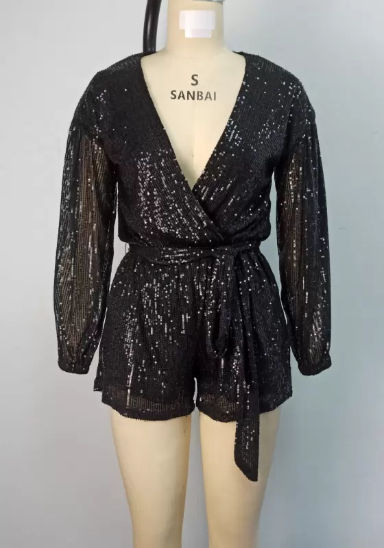 Sequined Sheer Sleeveless Lace Up Romper