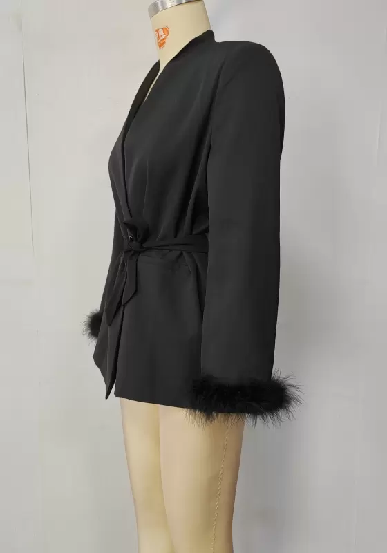 Feather Cuffs Waist Lace Up Blazer