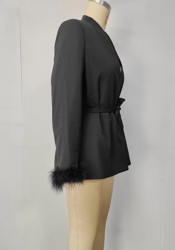 Feather Cuffs Waist Lace Up Blazer