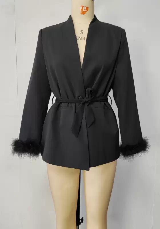 Feather Cuffs Waist Lace Up Blazer