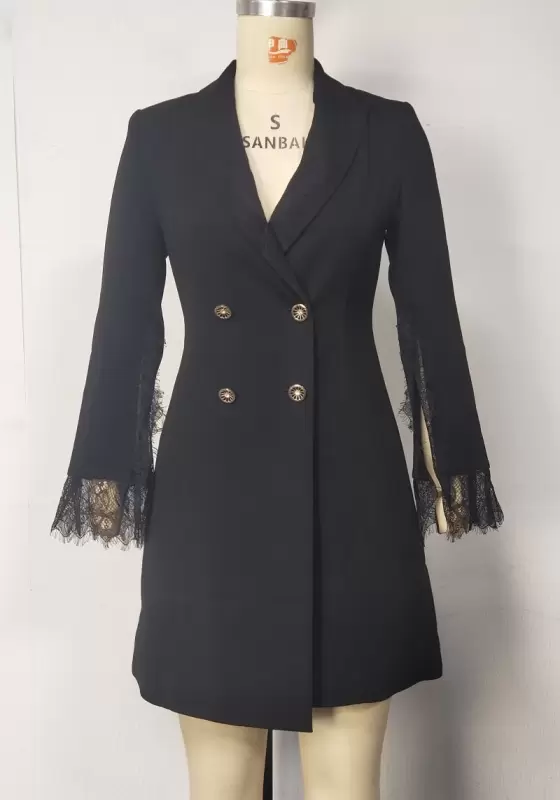 Lace Trimmed Slit Cuffs Double Breasted Blazer