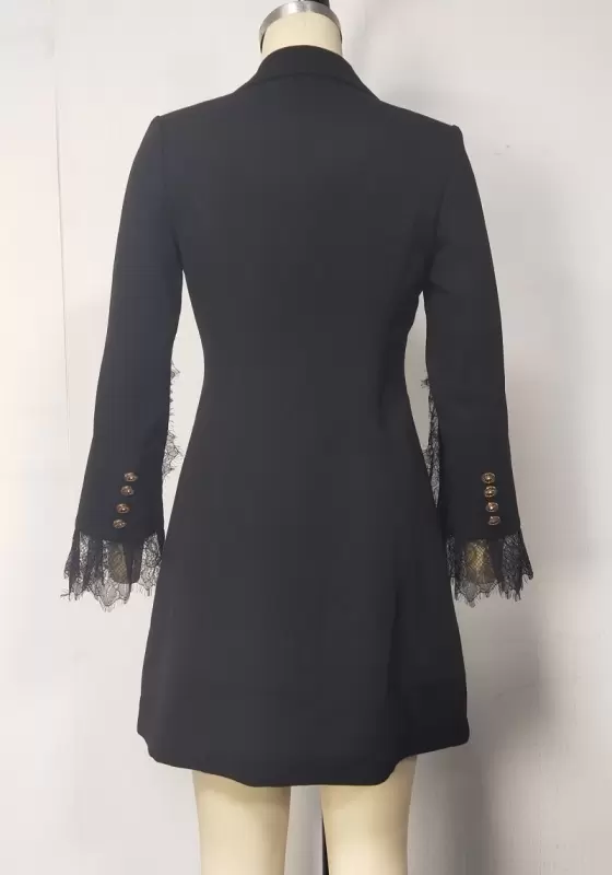 Lace Trimmed Slit Cuffs Double Breasted Blazer
