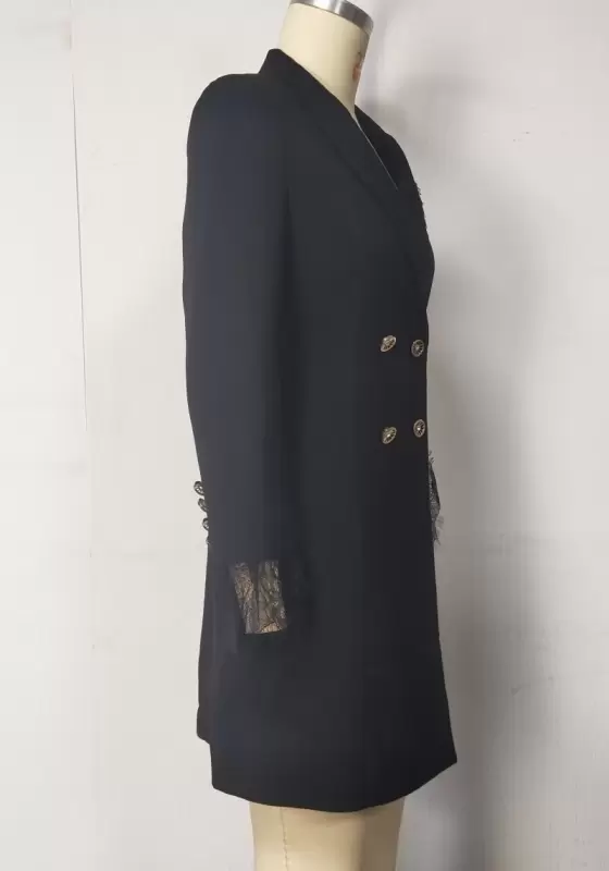 Lace Trimmed Slit Cuffs Double Breasted Blazer
