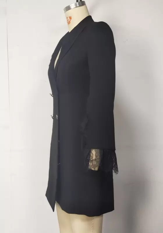 Lace Trimmed Slit Cuffs Double Breasted Blazer