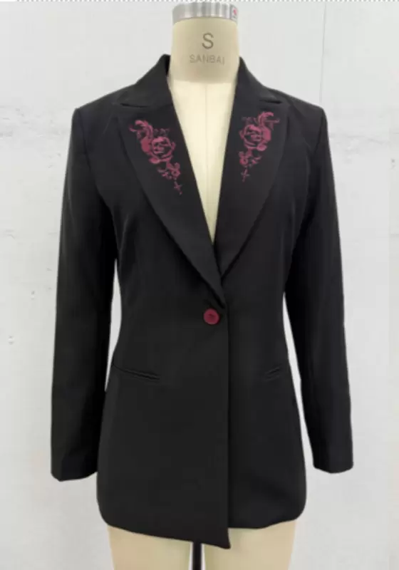 Lapel Embroidered Black Tailored Blazer