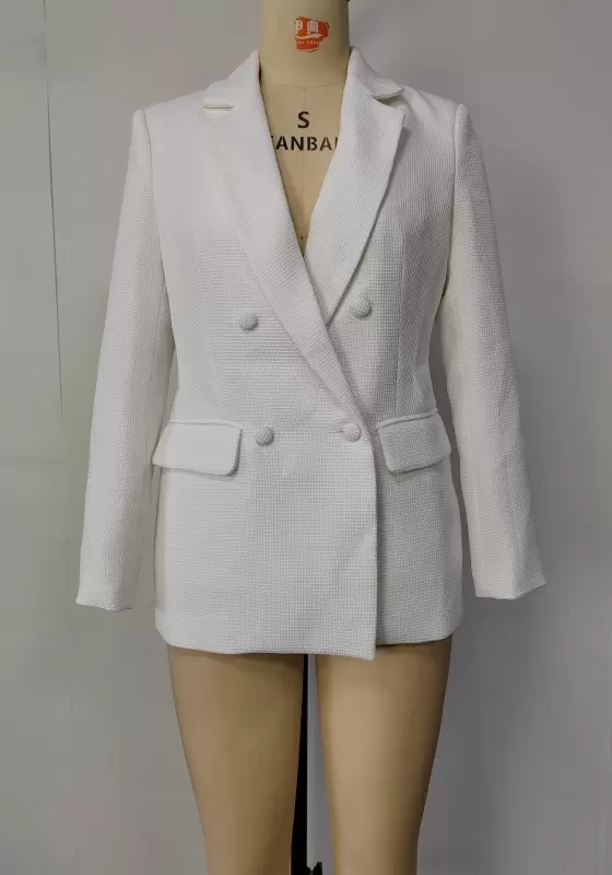 Textured White Double Breasted Blazer