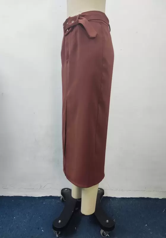 Belted Slit Hem Midi Skirt