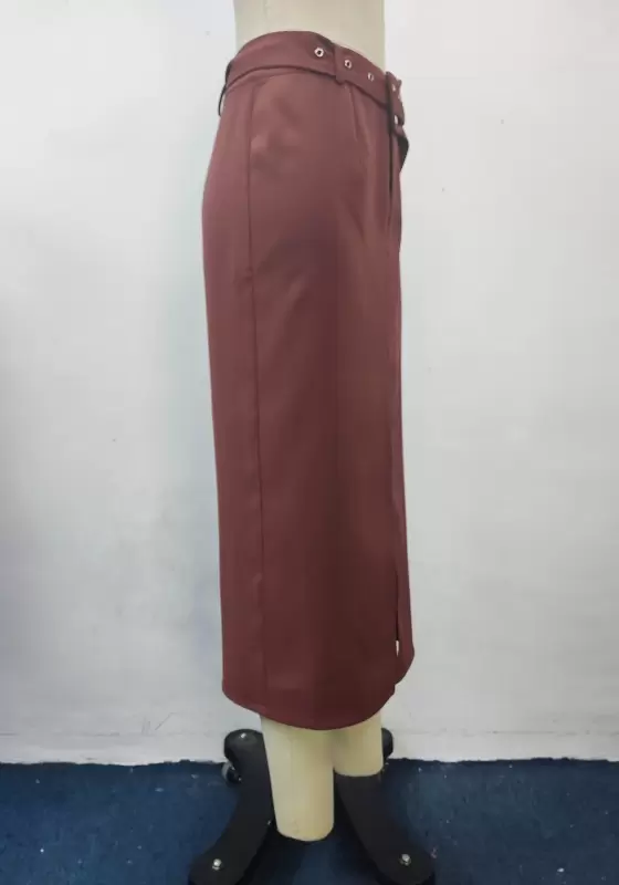 Belted Slit Hem Midi Skirt