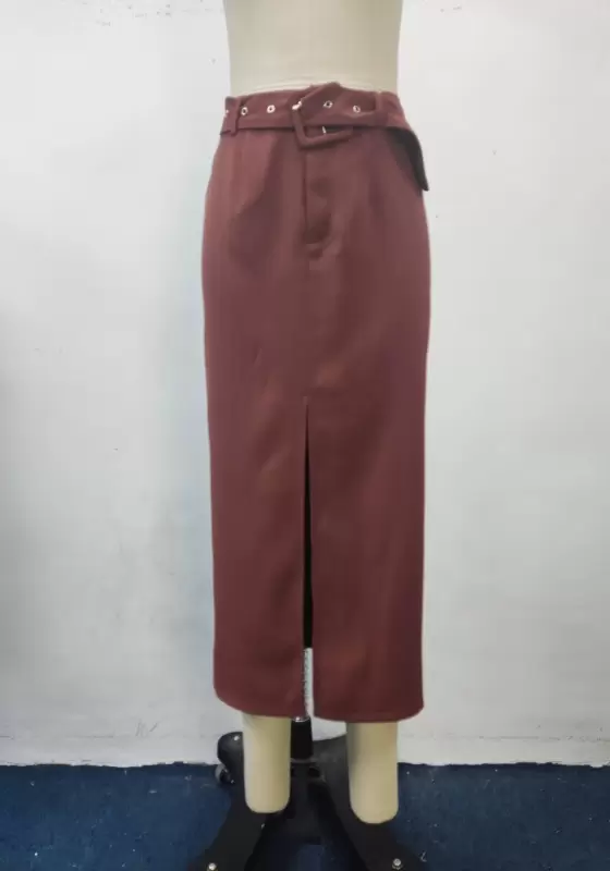 Belted Slit Hem Midi Skirt